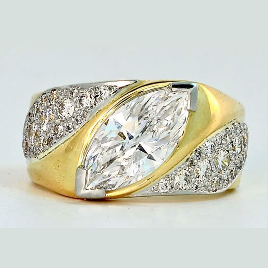 Diagonally-set marquise diamond ring custom-made by Master Goldsmith Stephan Lee Gunning at Lehrer Designs – by Renée Newman