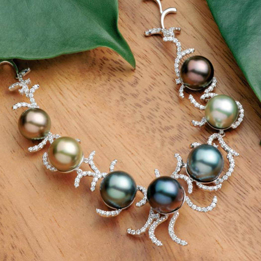 A Natural-color Tahitian Cultured pearls (11-13mm) and Diamond Necklace – by Renée Newman
