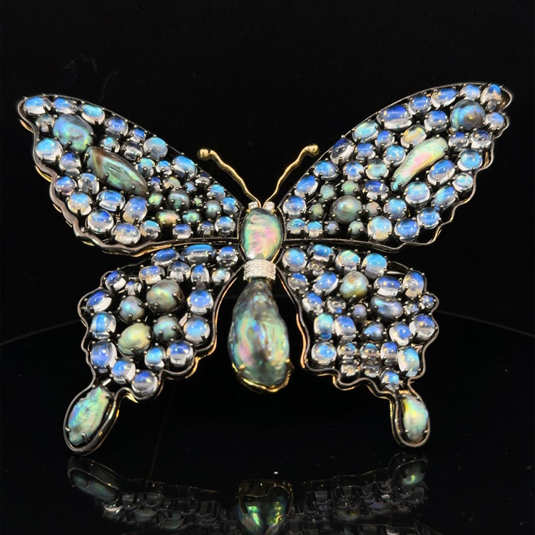 A Natural Abalone Pearl, Moonstone and Diamond Butterfly Brooch – by Renée Newman