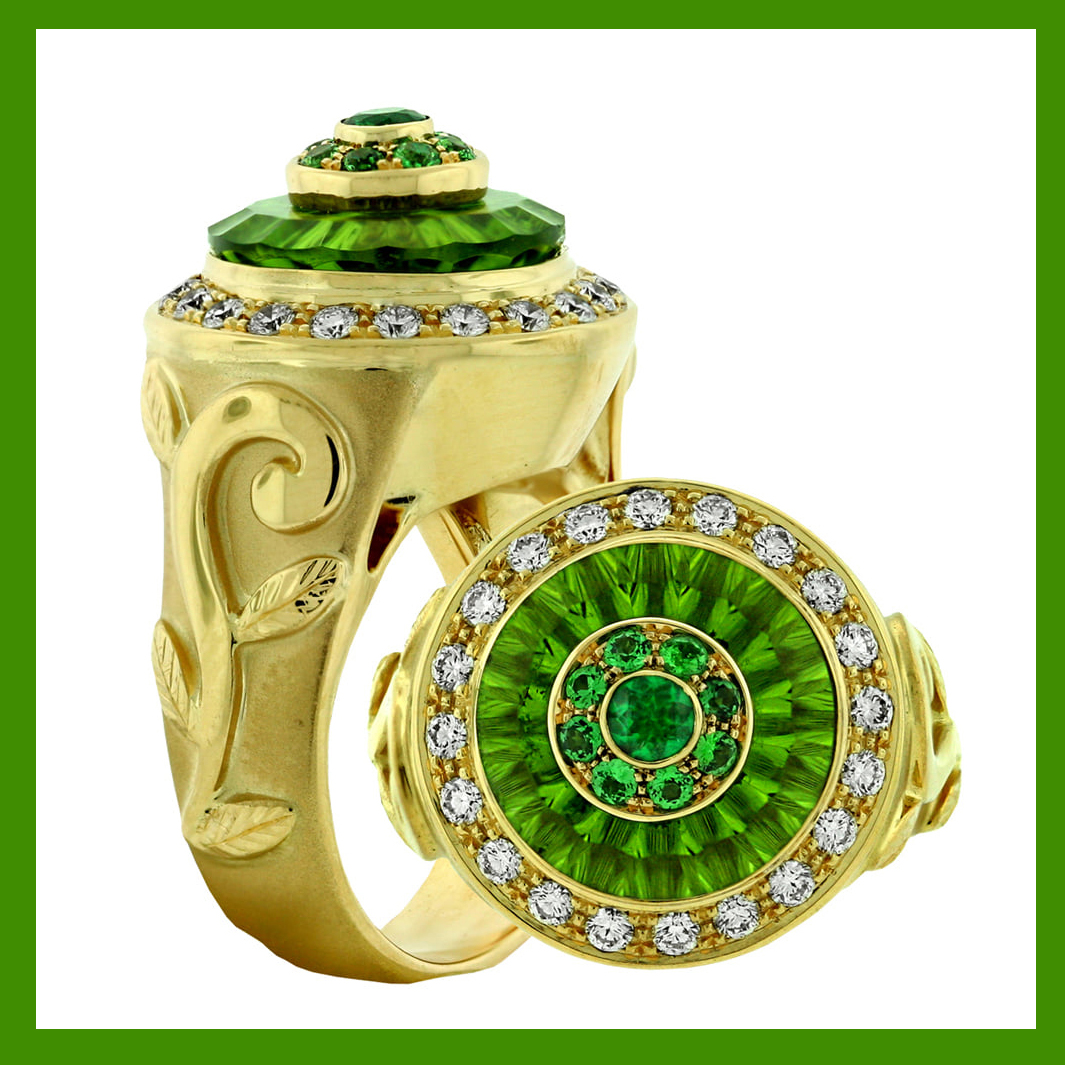 An elegant ring by jewelry artist Paula Crevoshey featuring a peridot TorusRing™ created by the late Glenn Lehrer – by Renée Newman