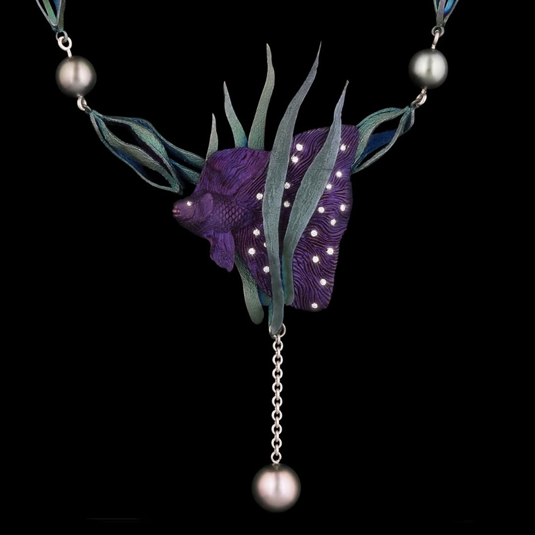 “Under the Sea” iridescent blue-green and purple steel necklace by Zoltan David with Tahitian pearls – by Renée Newman