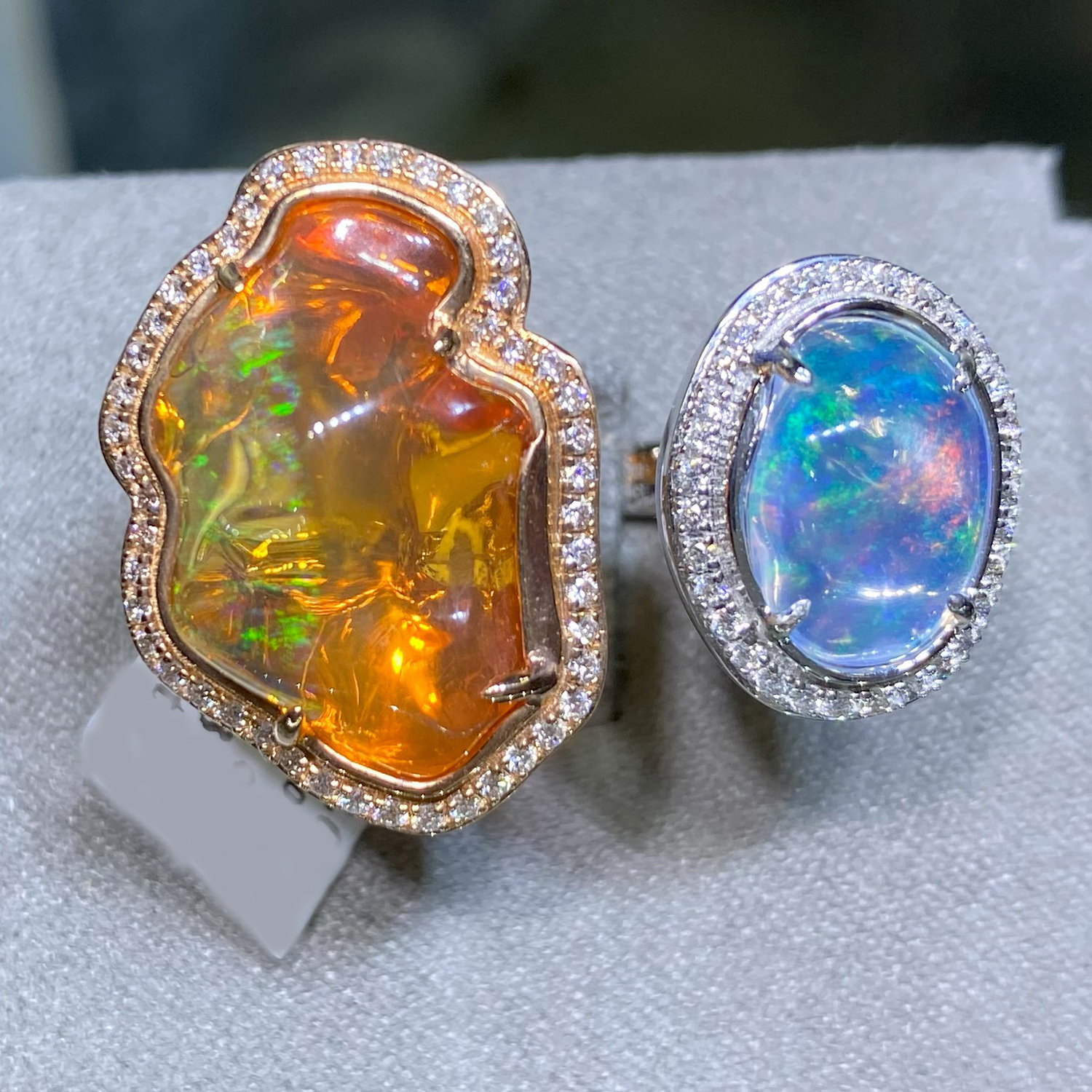 Mexican fire opal (8.27 ct) and water opal (2.43 ct) ring by Yael Designs accented with diamonds – by Renée Newman