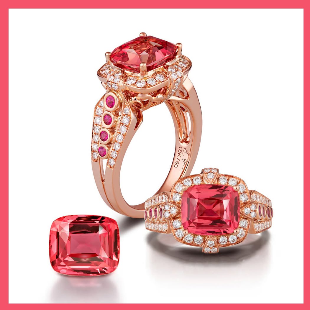 A 4.00-carat Padparadscha Set with Burma Spinels and Diamonds in a Custom Ring by Philip Zahm – by Renée Newman
